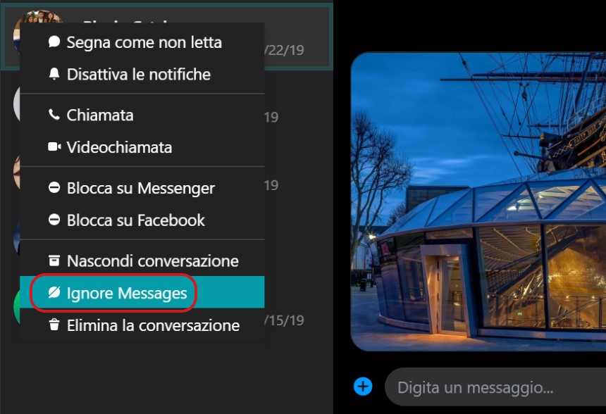 Messenger per Windows 10 opzione ignora messaggi