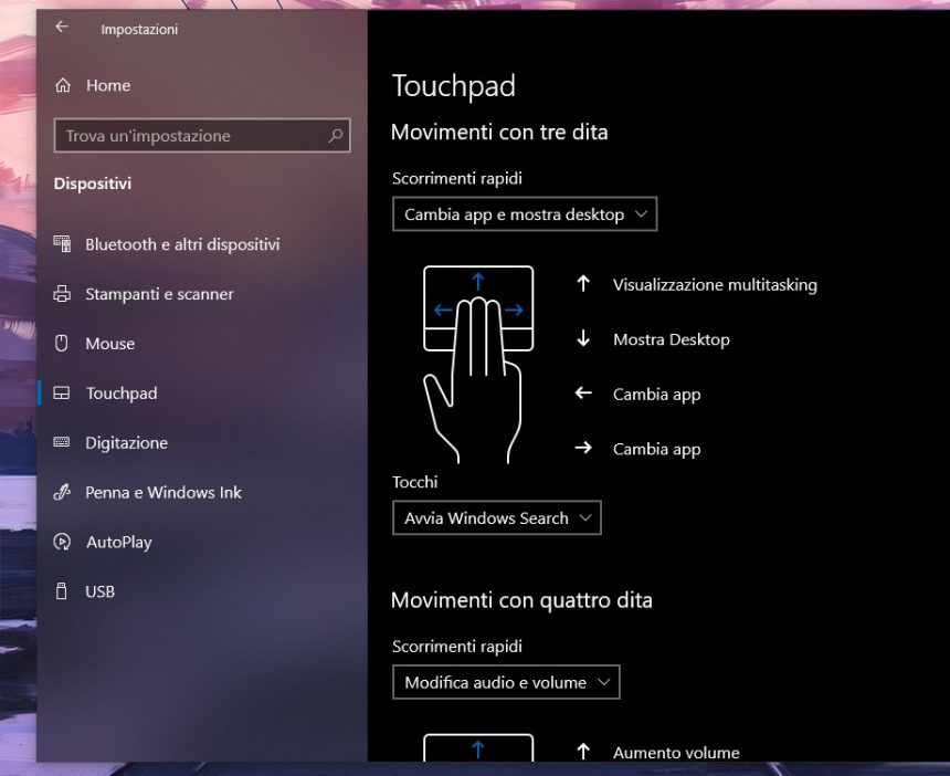 Opzioni di gestione touchpad in Windows 10