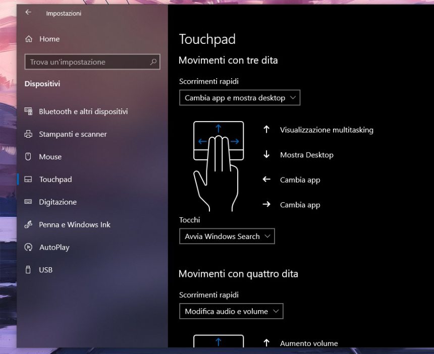Opzioni di gestione touchpad in Windows 10