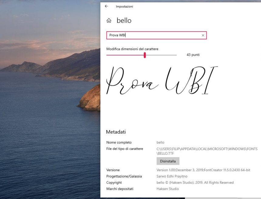 Pagina di gestione font in Windows 10