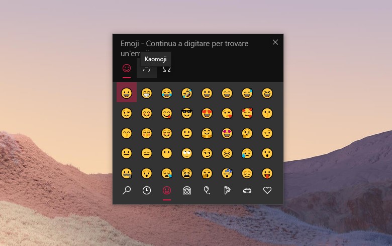 Pannello emoji kaomoji e simboli di Windows 10