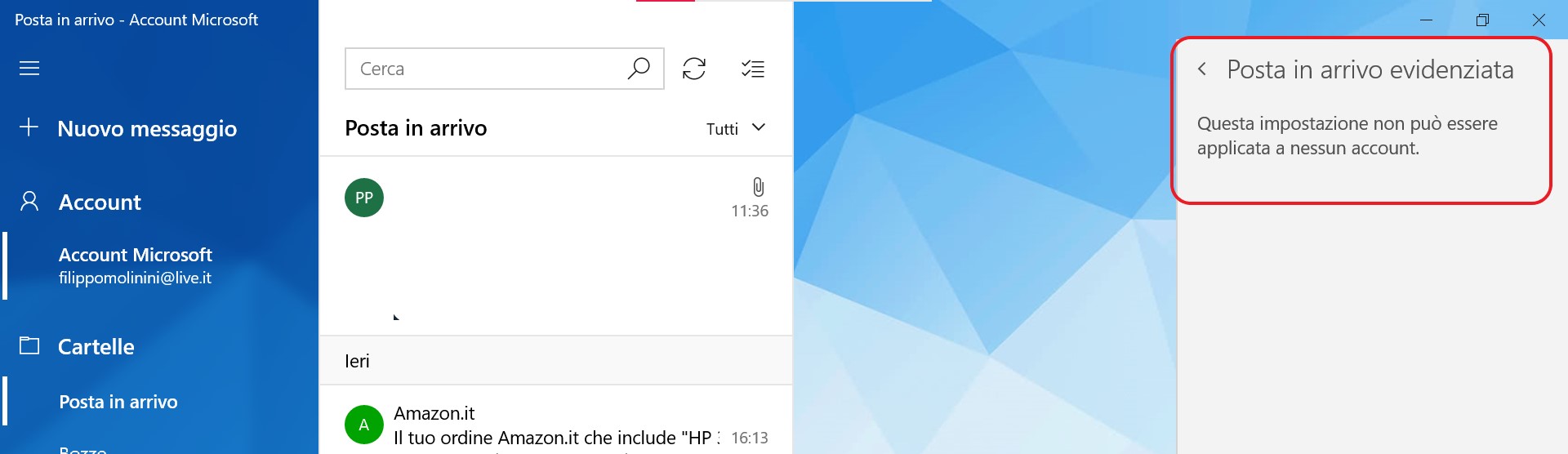 Posta e Calendario per Windows addio opzione posta in arrivo evidenziata