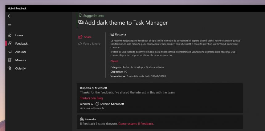 Raccolte in Hub di Feedback di Windows 10