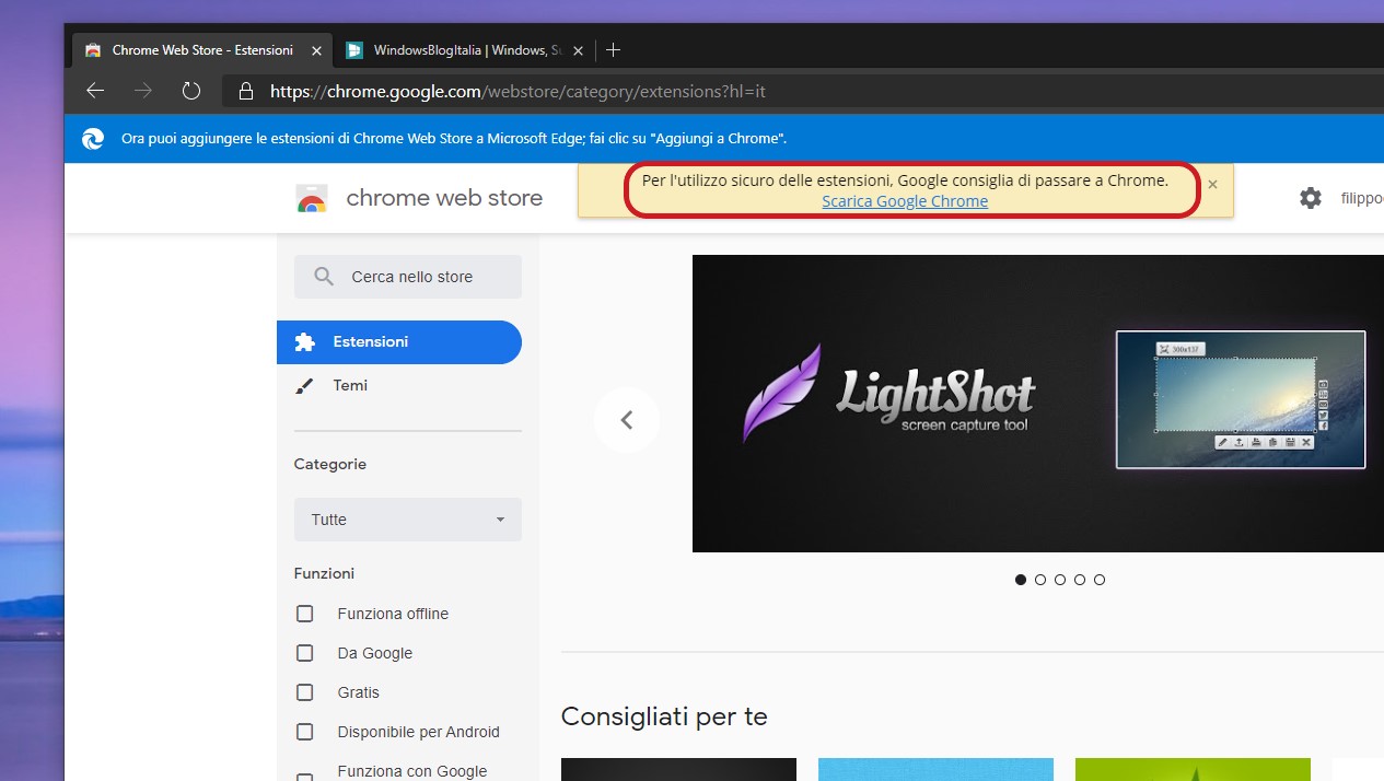 Banner Edge poco sicuro estensioni Chrome Web Store