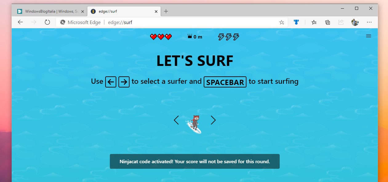 Microsoft Edge Surf codice segreto per Ninja Cat