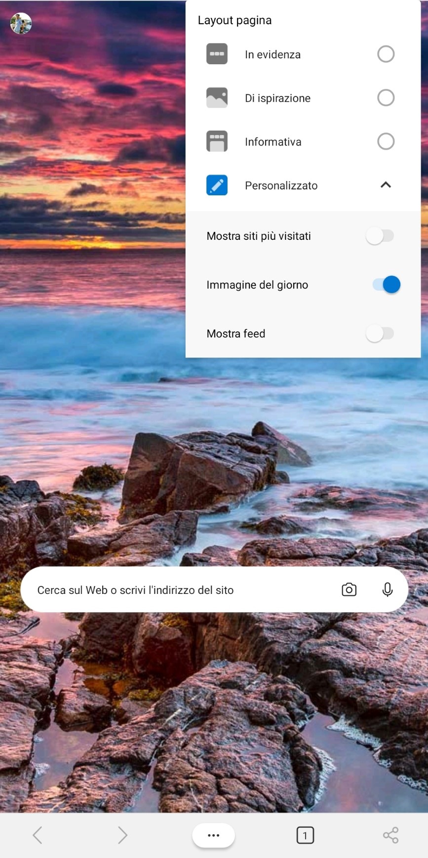 Microsoft Edge beta per Android personalizzazione pagina nuova scheda