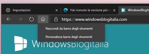 Microsoft Edge opzione nascondi pulsante Home dalla barra degli strumenti