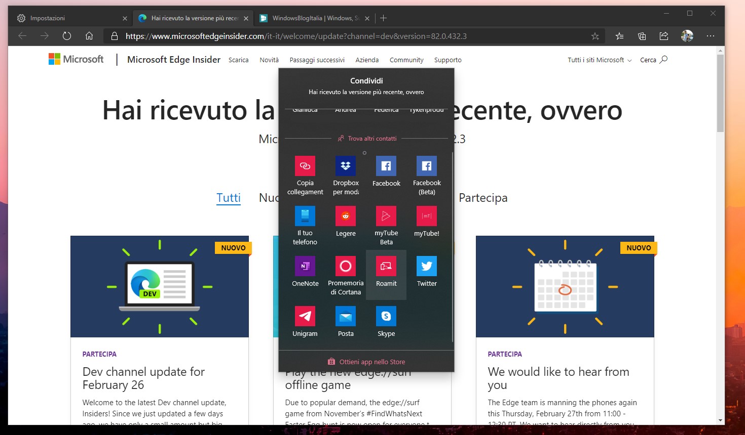 Microsoft Edge pulsante Condividi nella barra degli strumenti
