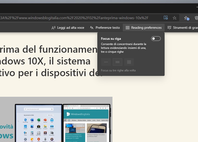 Microsoft Edge strumento Lettura immersiva migliorato nel focus su righe