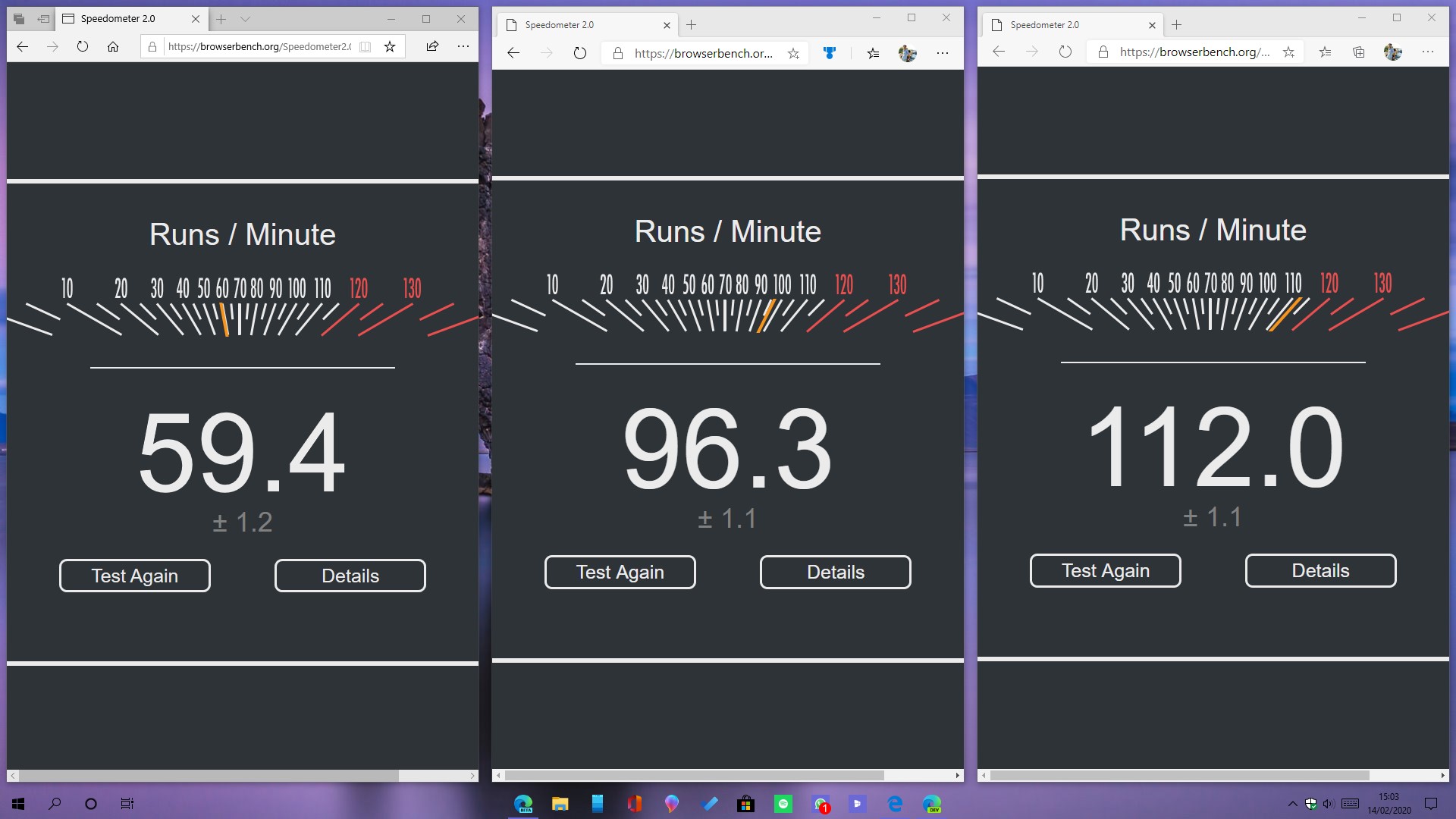 Microsoft Edge versioni prestazioni Speedometer 2