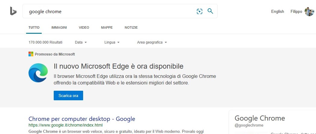 Microsoft promuove nuovo Edge su Bing in italiano