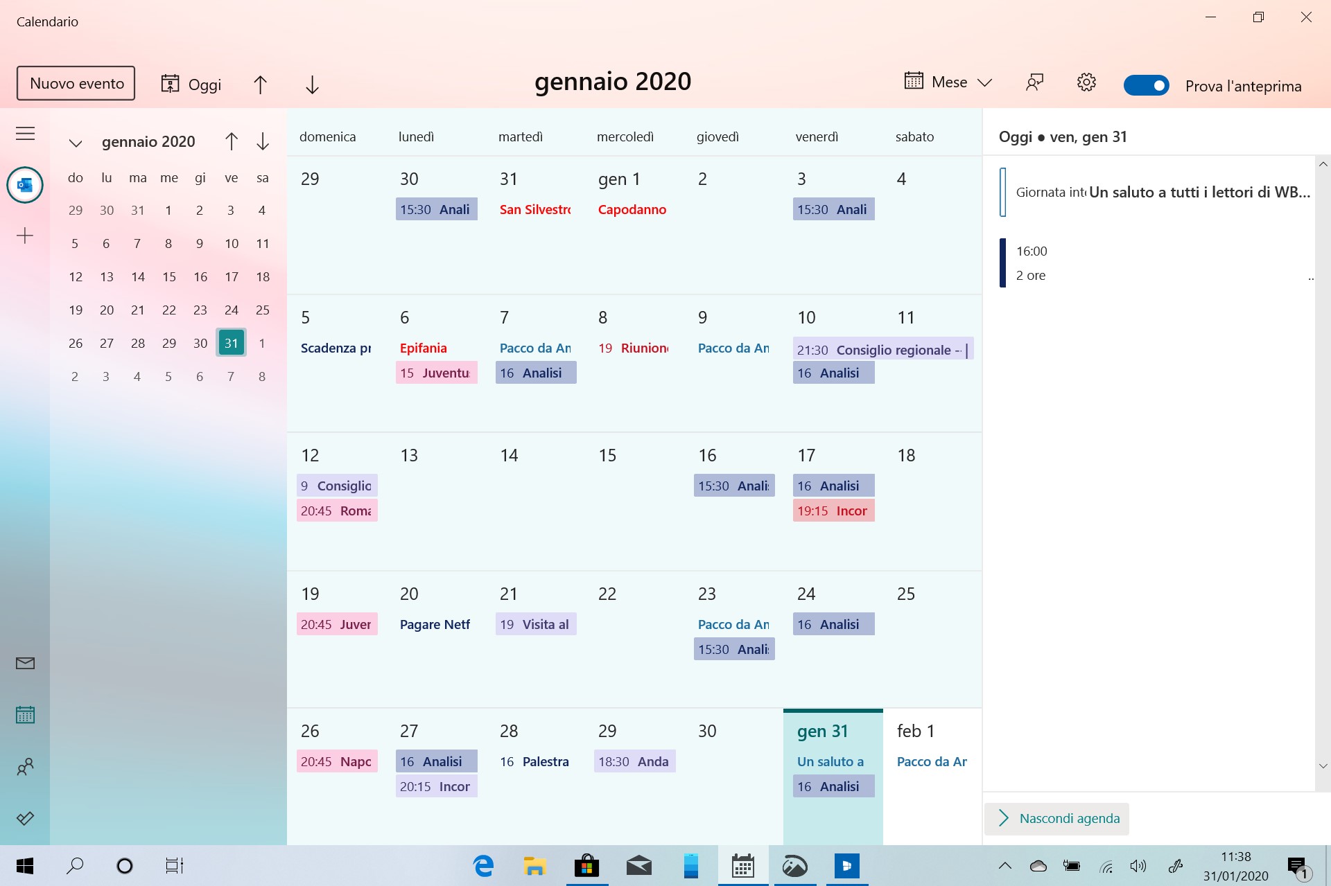 Nuova esperienza Calendario su Windows 10 pagina principale con agenda