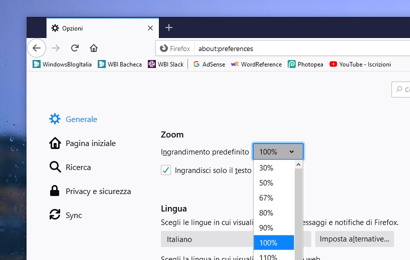 Opzioni zoom Mozilla Firefox 73