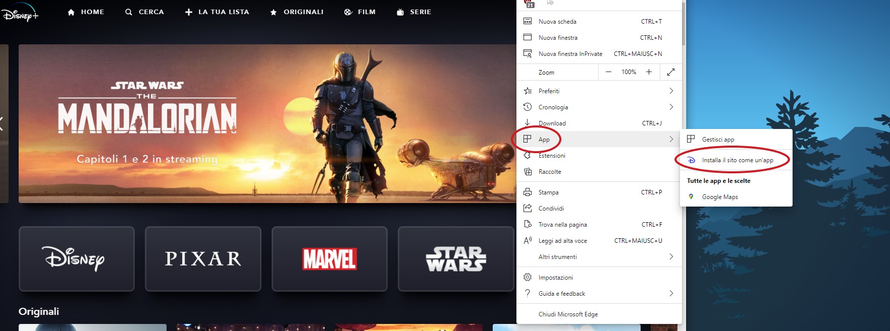 Disney+ in Microsoft Edge opzione per installare il sito come app