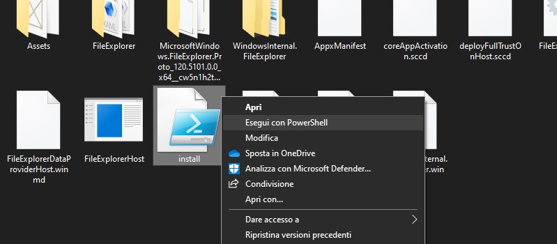 Esegui con PowerShell processo di installazione nuovo Esplora file su Windows 10 tramite pacchetto