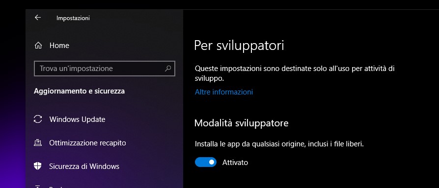 Impostazioni modalità sviluppatore in Windows 10