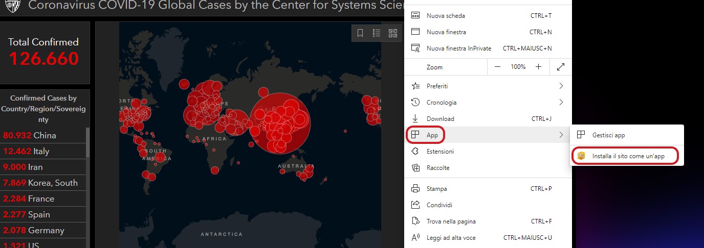 Installare il sito per monitorare il Coronavirus come app su Microsoft Edge