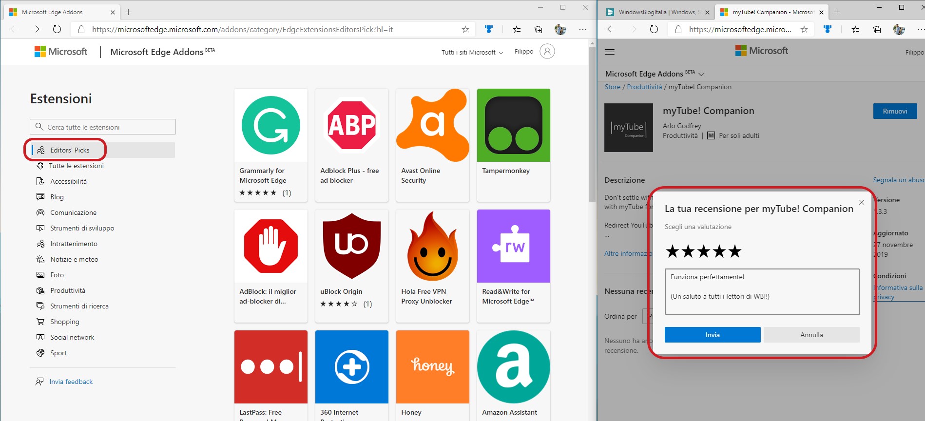 Microsoft Edge Addons Store recensioni e nuova sezione editors' picks