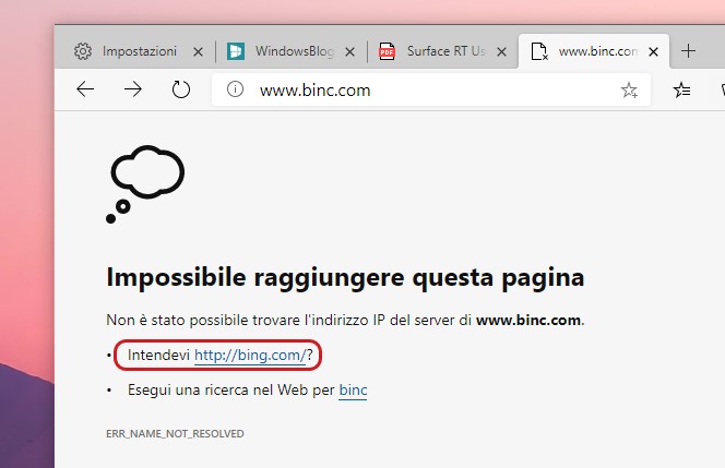 Microsoft Edge URL suggerito dopo errore