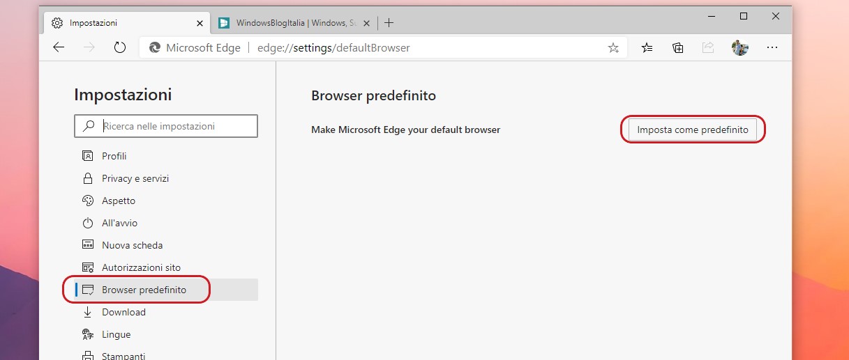 Microsoft Edge impostazione browser predefinito