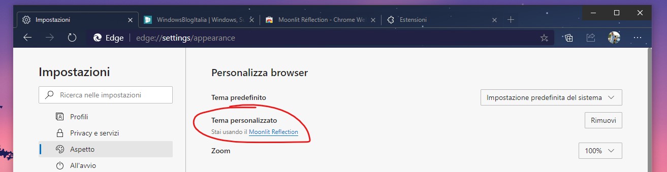Microsoft Edge tema personalizzato dal Google Chrome Web Store