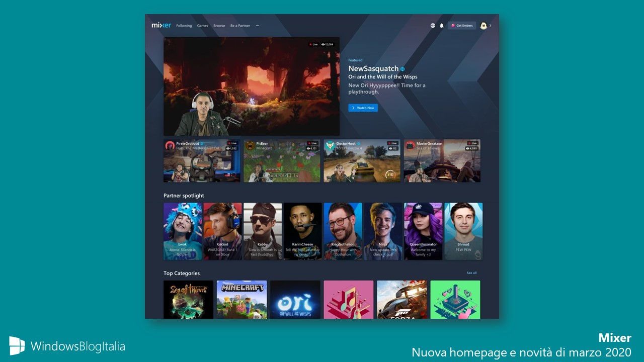 Mixer nuova homepage e feature di marzo 2020