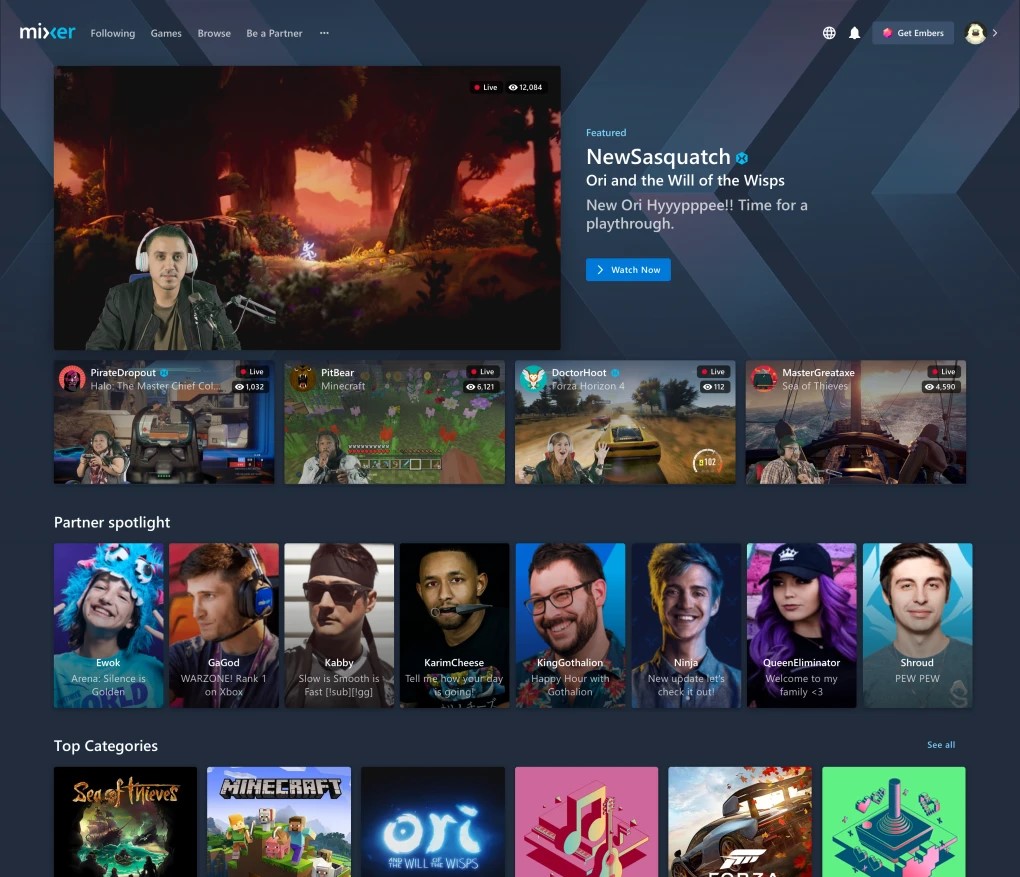 Nuova homepage di Mixer marzo 2020