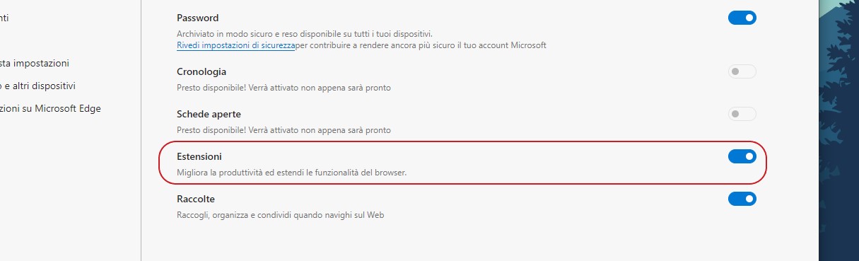 Opzione sincronizzazione estensioni di Microsoft Edge