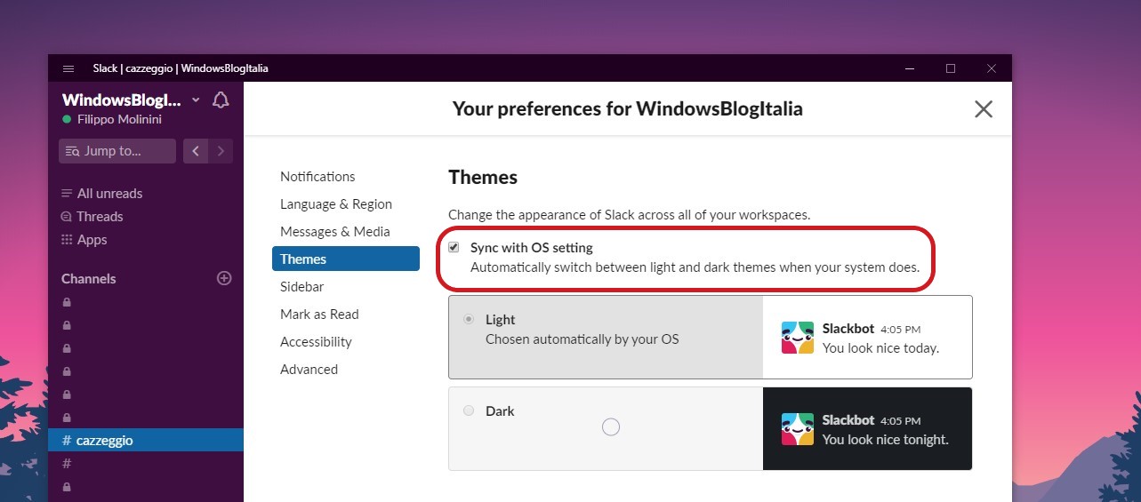 Slack per Windows 10 impostazioni per opzione tema di sistema