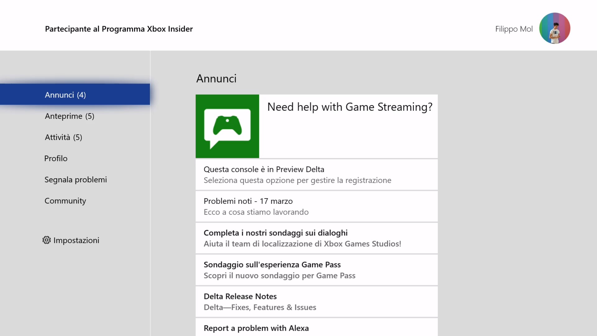 Xbox Insider Hub Beta nuova homepage
