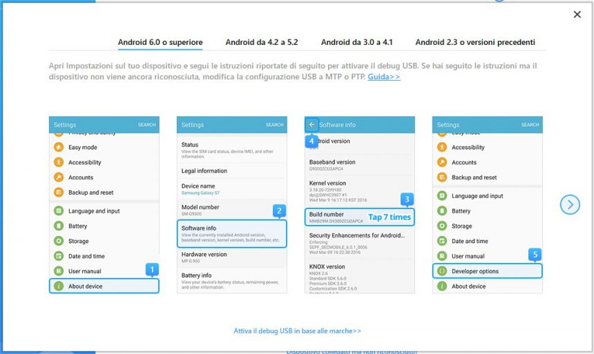 iMyFone iTransor for WhatsApp attivare il debug USB su smartphone Android