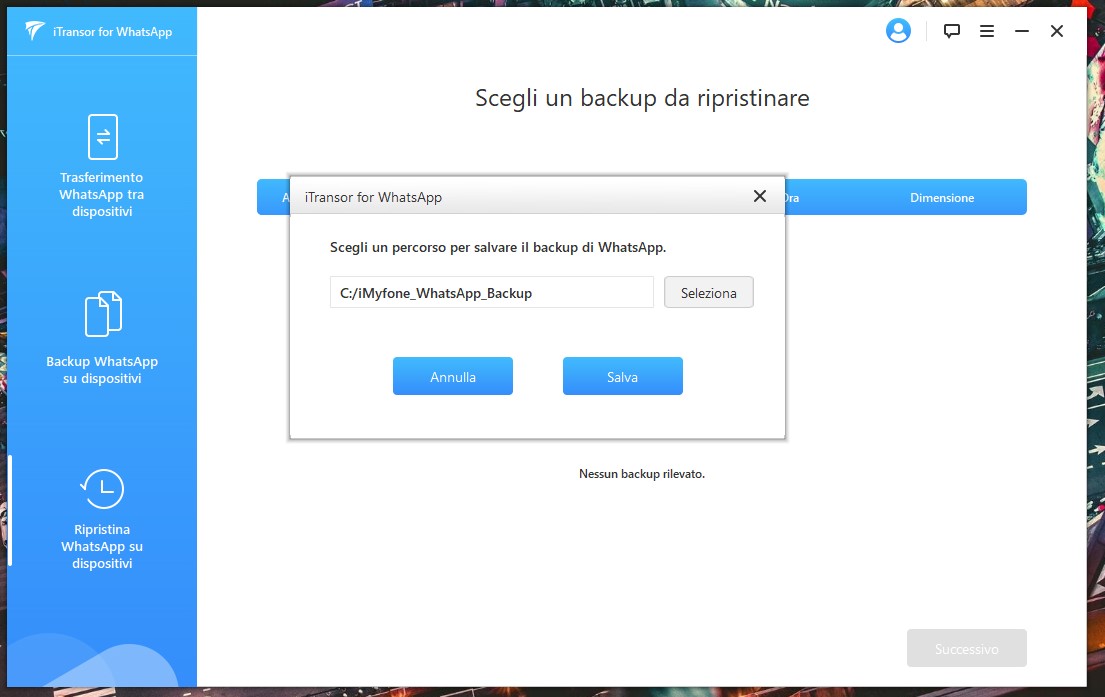 iMyFone iTransor for WhatsApp impostazione backup