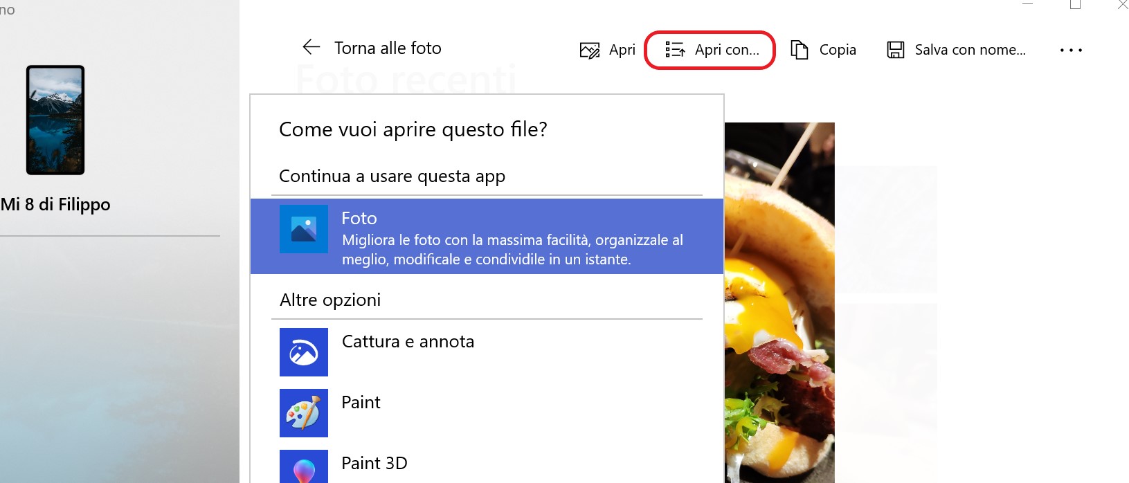 Il tuo telefono per Windows 10 opzione apri con