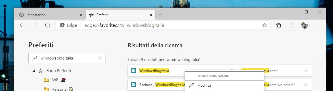 Microsoft Edge opzione Mostra nella cartella nella pagina di gestione preferiti