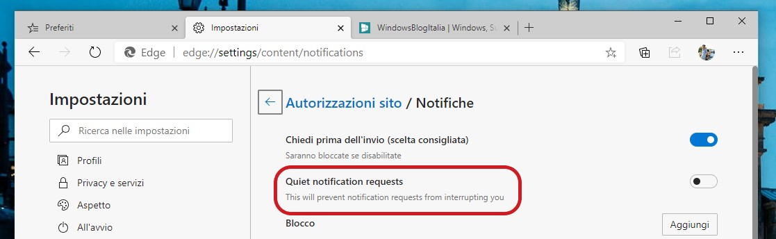 Microsoft Edge opzione notifiche silenziose