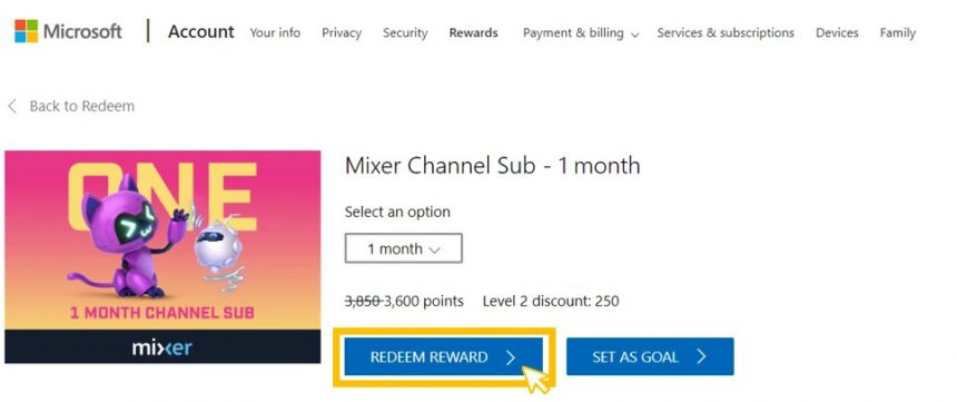 Microsoft Rewards premio un mese di sub su Mixer