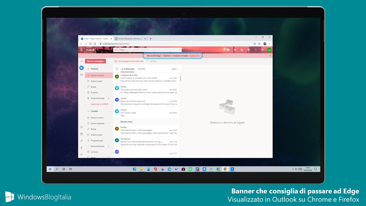 Microsoft mostra banner per scaricare Edge in Outlook su Google Chrome