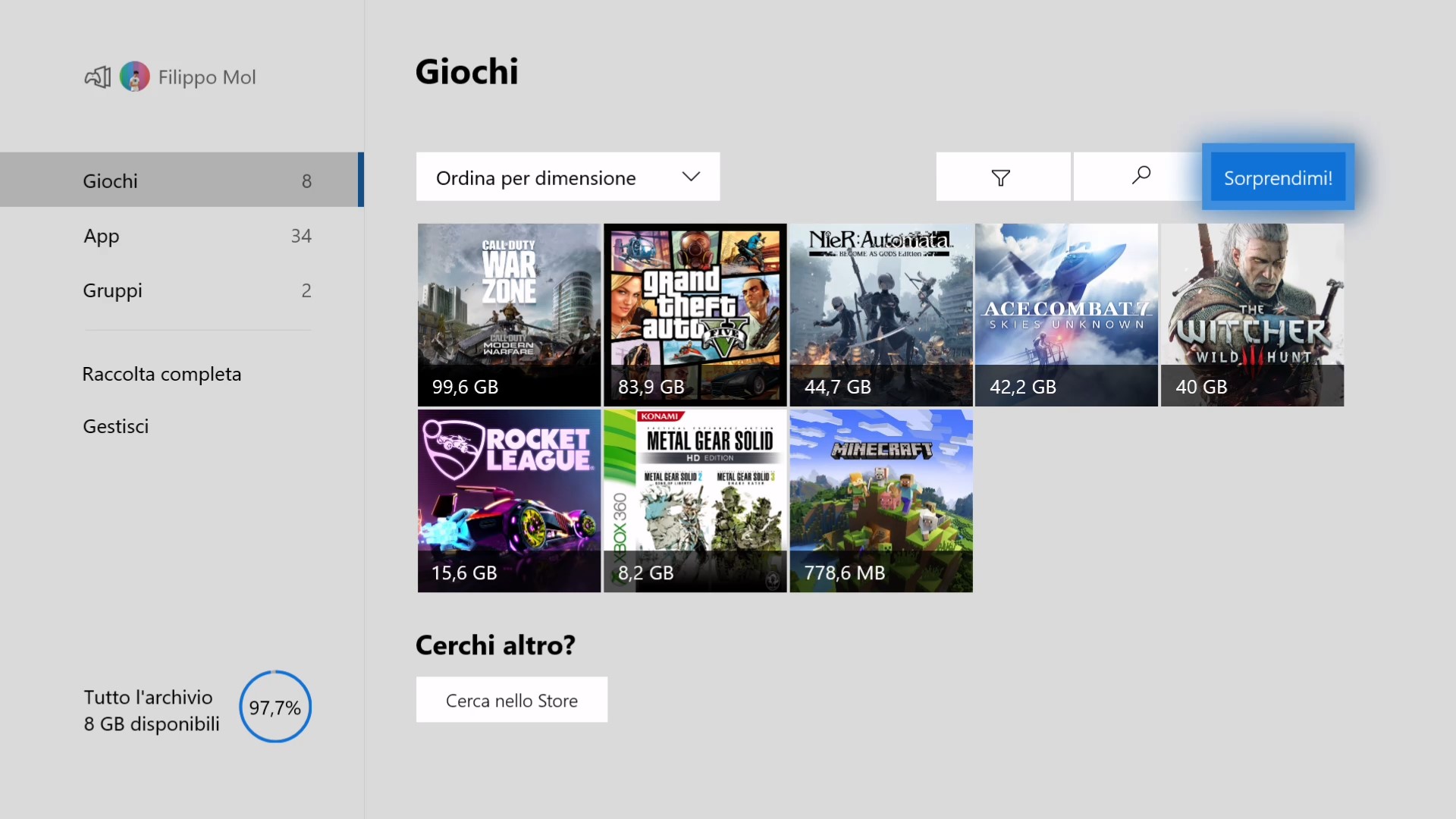 Opzione Sorprendimi! in I miei app e giochi su Xbox One nell'aggiornamento 2004