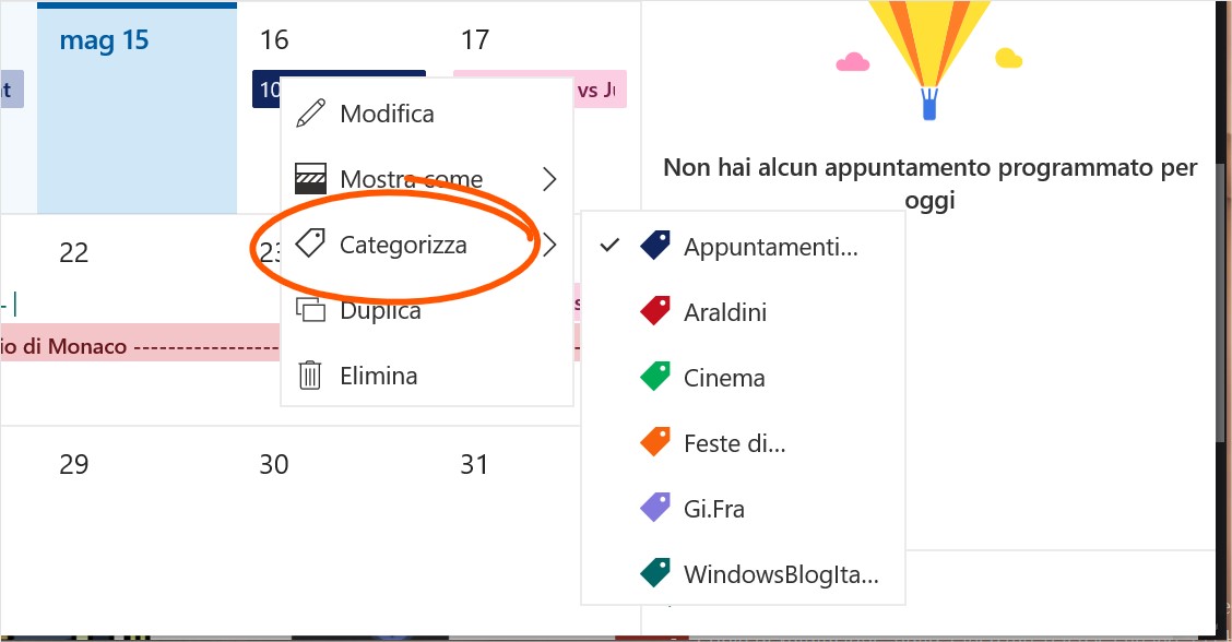 Categorizzazione eventi nel nuovo calendario di Windows 10