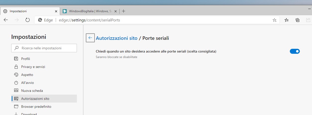Microsoft Edge autorizzazioni per i siti web nell'accesso alle porte seriali del PC
