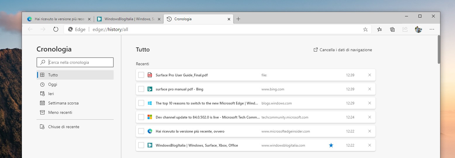 Microsoft Edge checkbox nella cronologia e preferiti