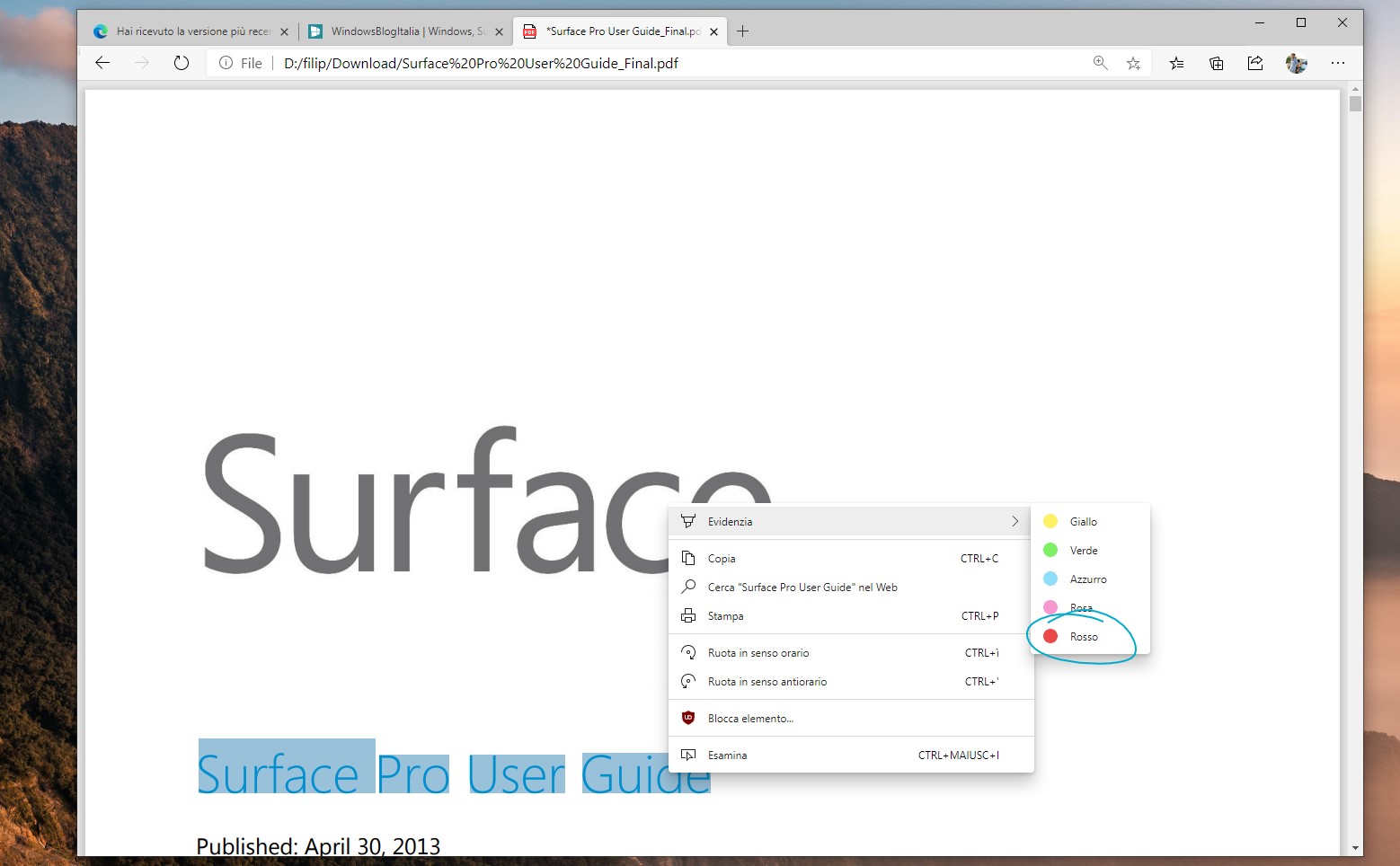 Microsoft Edge nuovo colore rosso nell'evidenziatore dei PDF