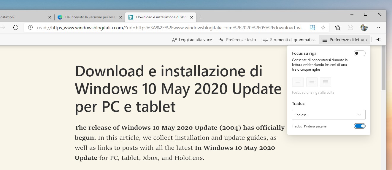 Microsoft Edge traduzione pagina web in modalita lettura immersiva