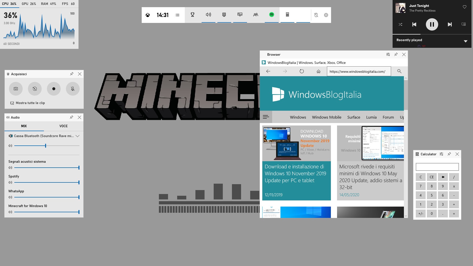 Nuovi widget browser e calcolatrice con clickthrought attivo di Barra di Gioco Xbox per Windows 10