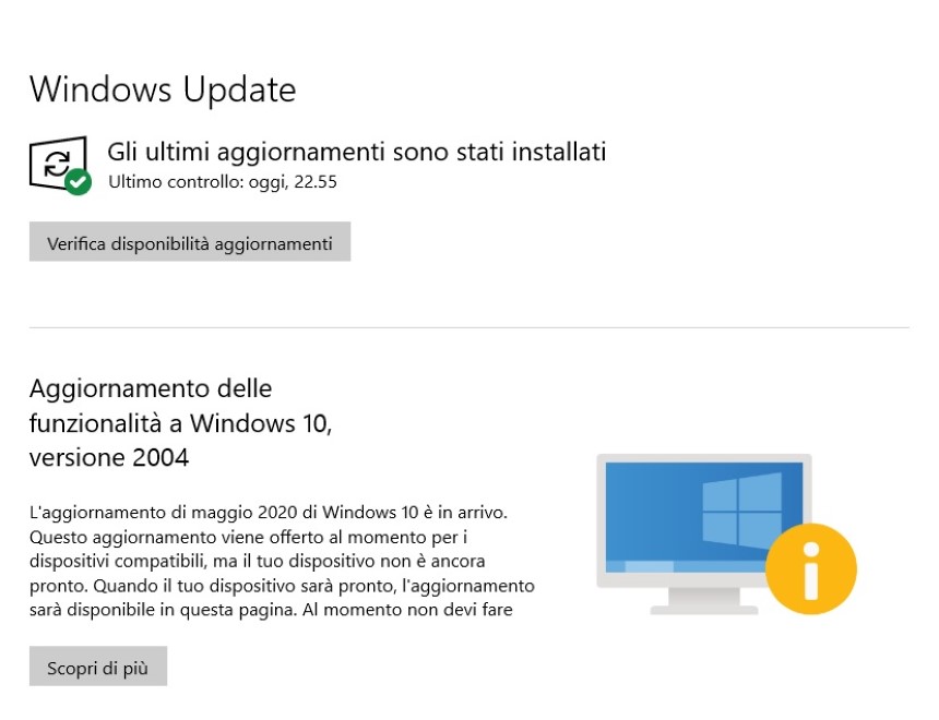 Windows Update - Aggiornamento delle funzionalità di Windows 10 in arrivo