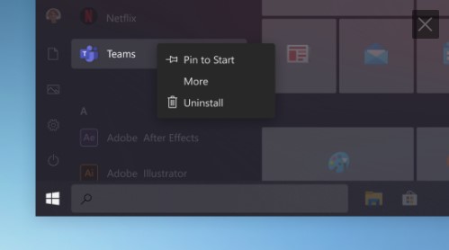 Menu start di Windows 10 con bordi arrotondati