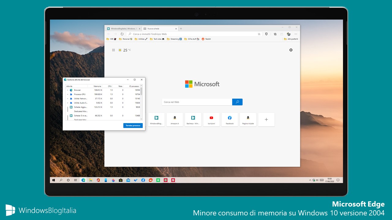 Microsoft Edge minore consumo di memoria su Windows 10 versione 2004