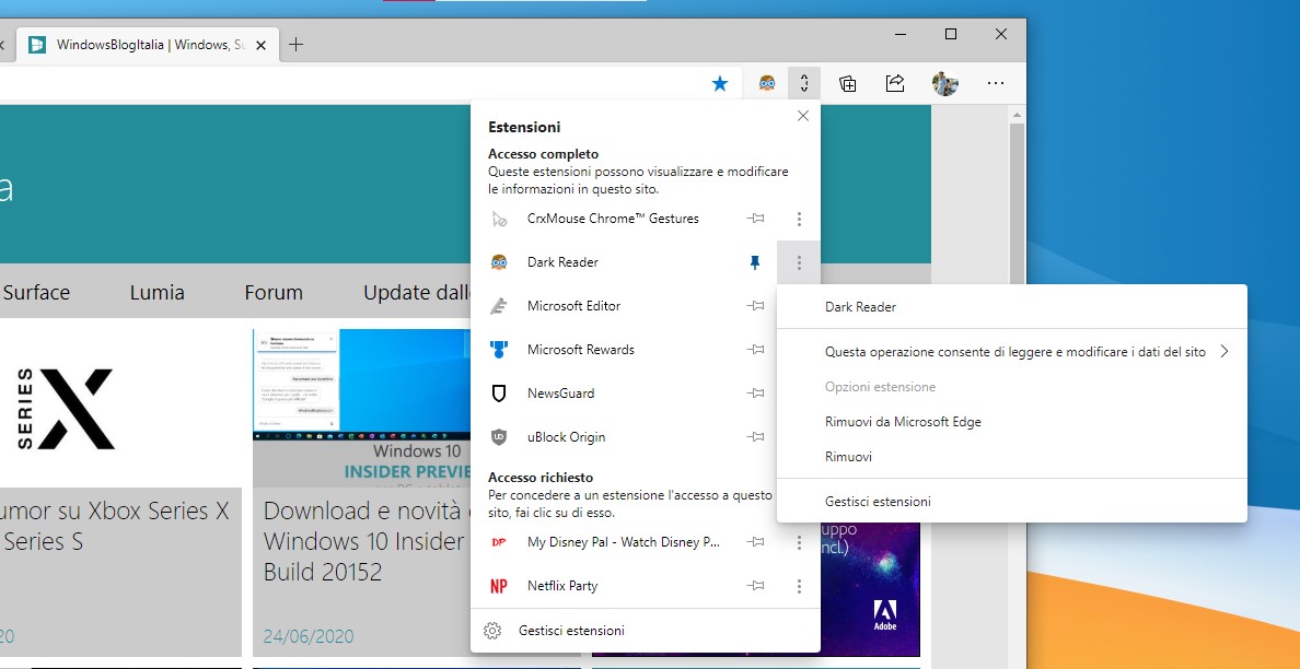 Microsoft Edge pulsante Estensioni