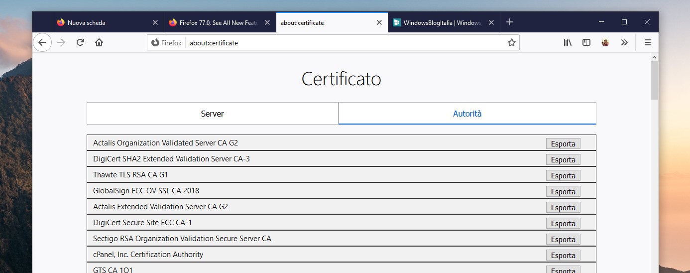 Mozilla Firefox 77 nuova pagina about certificate