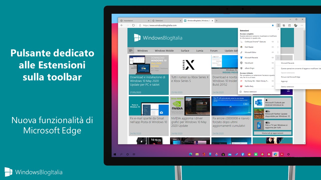 Pulsante dedicato alle Estensioni sulla toolbar in Microsoft Edge